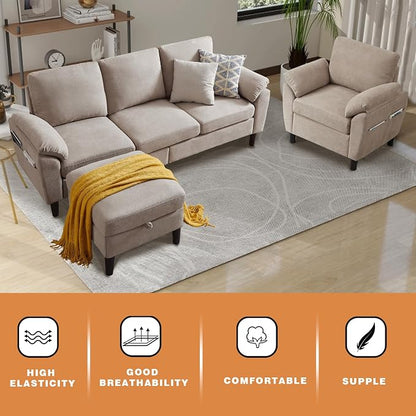 3 Piece Convertible Sectional Sofa Set, Modern Linen Small L Shaped Couch with Reversible Ottoman and Accent Chair, 3-Seat Sofa Couches for Living Room, Office, Apartment, Beige