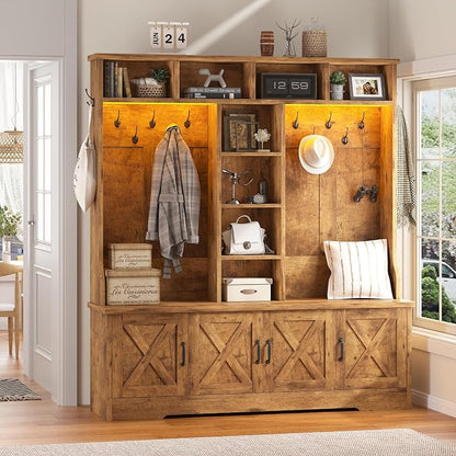 CSZZD Hall Tree with Bench and Shoe Storage, Farmhouse Entryway Bench with Coat Racks and Led Lights, Large Hall Tree with 12 Coat Hooks, 8 Storage Cubbies, Adjustable Shelf