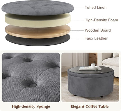 30 Inch Round Storage Ottoman,Modern Tufted Ottomans,Circular Coffee Table with Removable Top,Upholstered Large Ottoman with Storage Footrest Stool for Bedroom Living Room (Grey)