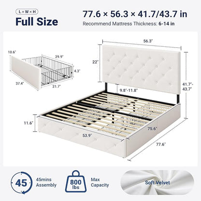 Allewie Upholstered Full Size Platform Bed Frame with 4 Storage Drawers and Adjustable Headboard, Diamond Button Tufted, Wooden Slats Support, Noise-Free, No Box Spring Needed, Easy Assembly, White