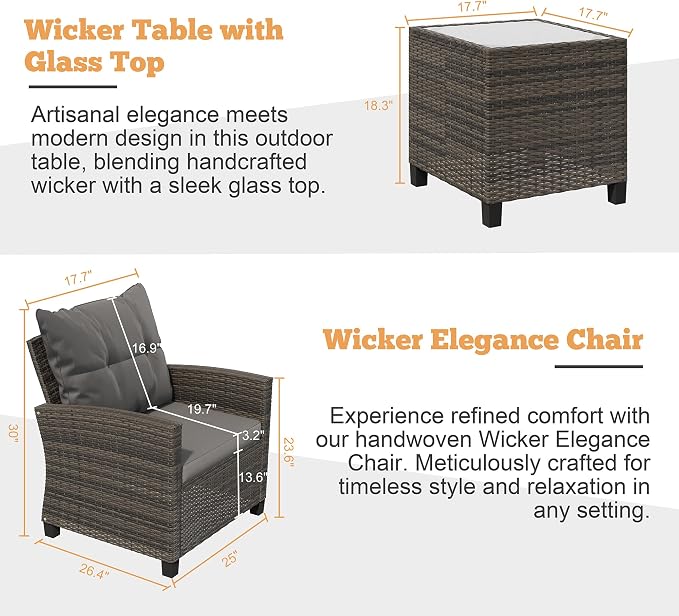 Shintenchi 3 Pieces Patio Furniture Set 3 Pieces PE Rattan Wicker Chairs with Table Outdoor Furniture for Backyard/Garden/Poolside/Outdoor Restaurant Gary Rattan with Gary Cushion