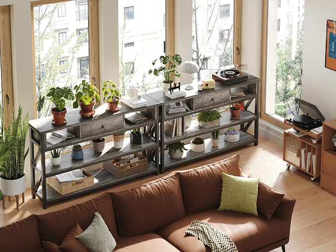 Mexin 47 Inch Console Sofa Table with Drawer, Industrial Entryway Table with Storage Shelves, Storage Organizer for Hallway Living Room Couch Foyer Kitchen Counter, Grey Oak