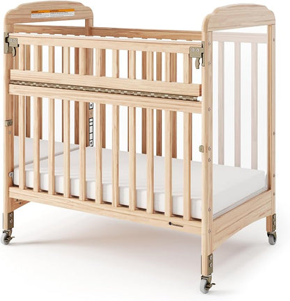 Foundations Serenity SafeReach Mirrorview Crib with Access Gate, Natural, Adjustable Mattress Board, Compact Wooden Baby Crib, Mirrored End Panels, Includes 3” Foam Mattress