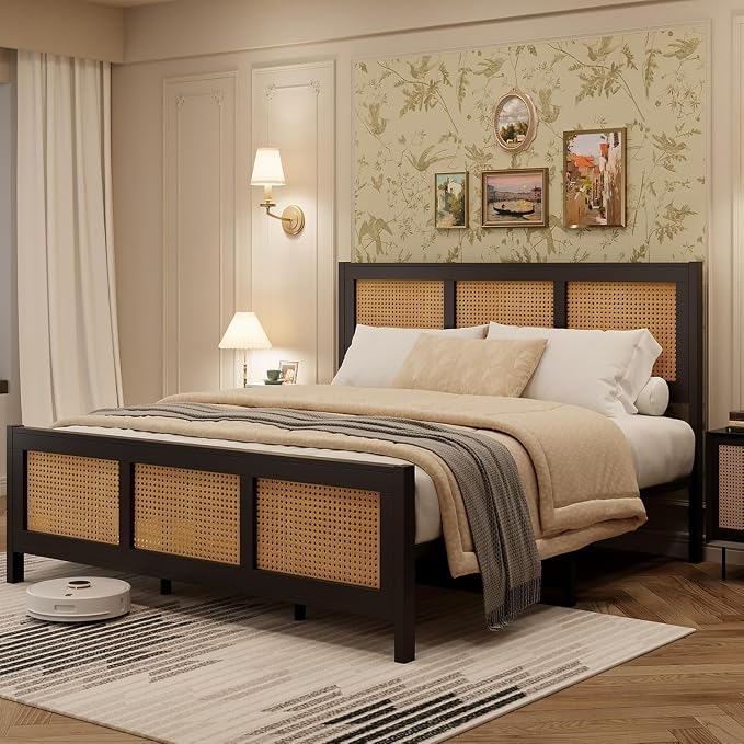 Garvee Rattan Bed Frame with Headboard, Bohe Platform King Size Bed Frame with Strong Metal Slats Support, No Box Spring Needed, Noise-Free Design, Black