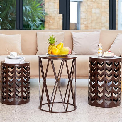 HFHOME Round Nesting Coffee Tables, Set of 3 End Tables for Living Room Balcony Office, Heavy Duty Metal Stacking Side Tables for Home Indoor - Brown