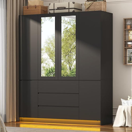 4 Doors Armoire Wooden Wardrobe Closet with 3 Drawers & 2 Mirror, 75"H Clothing Storage Cabinet with Hanging Rod,Modern Bedroom Large Freestanding Armoires with Led Lights for Bedroom, Black