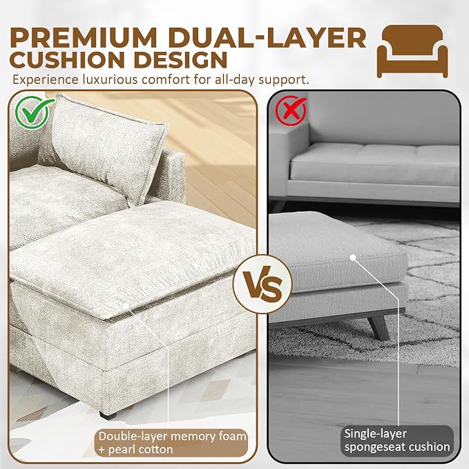 LEVELEVE 112.5" U-Shape Modular Sofa with 2 Ottomans, Deep Seat Cloud Convertible Sleeper, 2 Arm Pillows, Comfortable Upholstered Furniture for Living Room Apartment, Beige