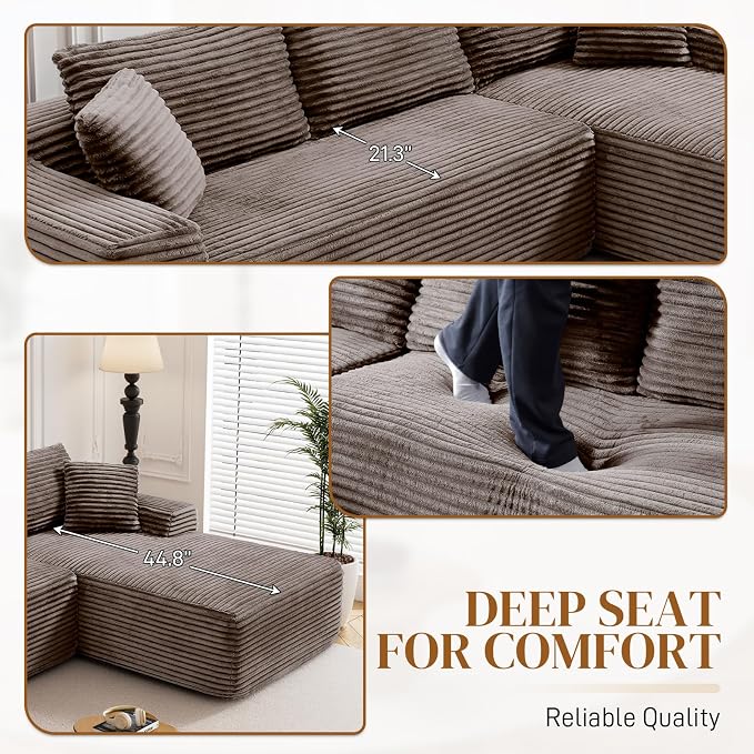 95" L Shaped Boneless Sectional Couches, Wide Armrest, Deep Seat, Memory Foam, Assembly Free, Modern Comfy Corduroy Fluffy Cloud Sofa with Right Chaise for Living Room, Small Spaces, Brown