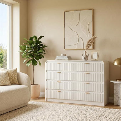 FURSUN Fluted 8 Drawers Dresser for Bedroom, 55" Wide Wooden Dresser with Metal Handle, Curved Profile Design, Modern Storage Organizer for Bedroom, Living Room, Hallway, White