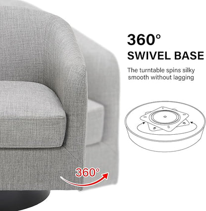 Swivel Barrel Accent Chair, Modern Round Linen Arm Chair for Living Room, Bedroom, Comfy Club Reading Chairs for Adults（Linen Fabric, Light Grey, Set of 2