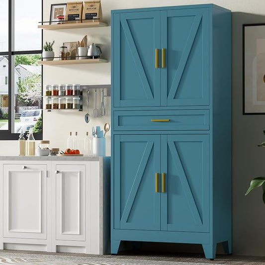 Baborokic 71" Tall Metal Storage Cabinet with Adjustable Shelves,Farmhouse Kitchen Pantry Cabinet with 2 Barn Doors and Drawer,Large Storage Cabinets for Dining Room,Bathroom,Living Room(Blue)