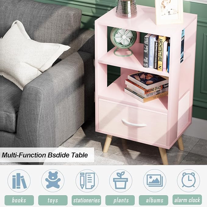 Aenuert Night Stand, Pink Nightstand with Drawer, Side Table with Open Storage, 3-Tier Modern End Table, Bedside Table for Small Space, Living Room, Bedroom