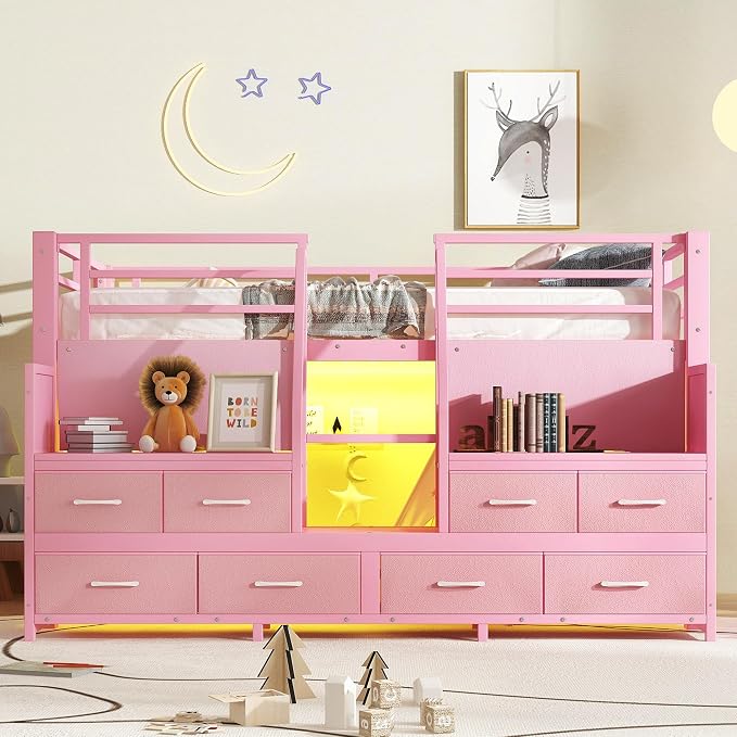 Bellemave Twin Size Low Loft Bed with 8 Fabric Storage Drawers,Metal Loft Bed Frame with Shelves and LED Lights for Boys Girls,Kids Loft Bed Twin Size,Pink