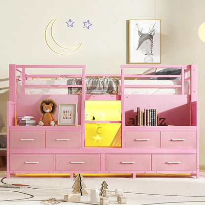 Bellemave Twin Size Low Loft Bed with 8 Fabric Storage Drawers,Metal Loft Bed Frame with Shelves and LED Lights for Boys Girls,Kids Loft Bed Twin Size,Pink