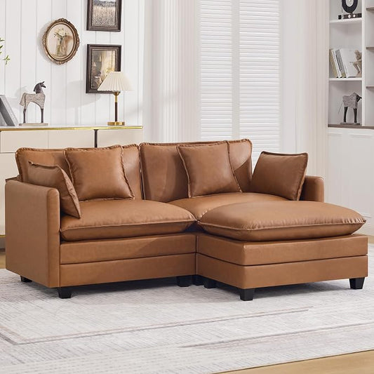 76'' Cloud Deep Seat Loveseat Sofa, Upholstered Leather Modular 2-Seats Sectional Sofa Couch with Movable Ottoman, Modern Comfy Settee Loveseat for Living Room Set, Small Apartment,Leather Light Brown
