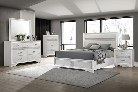 Coaster Home Furnishings Miranda Contemporary 5-Piece Bedroom Set Fabric Upholstered Eastern King Size Panel Bed Frame 54-inch Headboard White 205110KE-S5