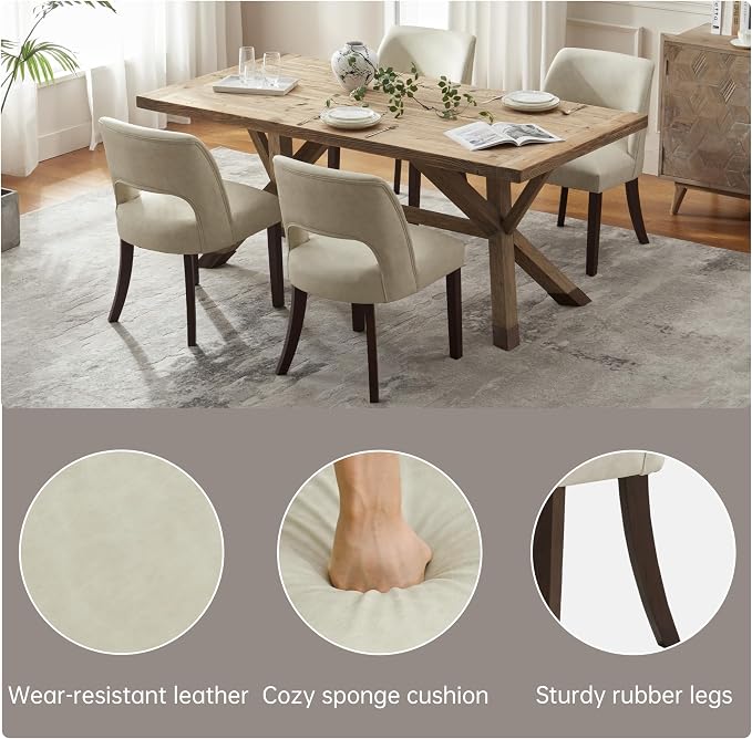 VKNOW Modern Dining Chairs Set of 2 with Rubberwood Legs, Beige | Faux Leather, Curved Back, For family, Kitchen Dining RoomRestaurant Reception Room, No wobble, 80% pre-installed