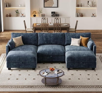 Modular Sectional U Shaped Sofa Couches for Living Room, Cloud Couch with Storage Ottoman, Comfy Chenille Sofa with Pillow, Blue