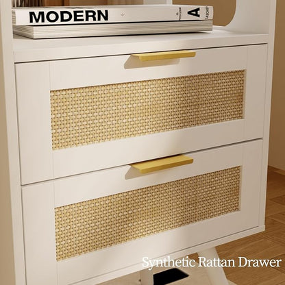JOONEE Rattan Nightstand,Farmhouse Bedside Table with 2 Storage Drawer and Open Wood Shelf, for Bedroom and Small Spaces,Night Stand with Solid Wood Legs (White)