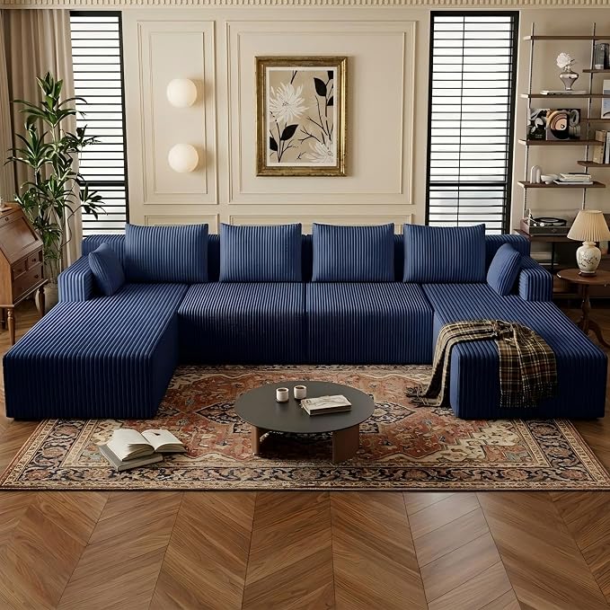 142" Oversized Cloud Modular Sectional Sofa Boneless Couches with Double Chaise Lounge and Deep Seat, Fluffy Corduroy Upholstered Compressed Lounge Sofa & Couches for Living Room