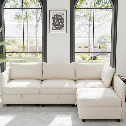 98.5-Inch L-Shaped 4 Seat Modular Sofa Deep Seat Storage Sectional Sofa Couch Free Combination with Storage Space, 4 Seat Chenille Upholstered L-Shaped Convertible Corner Couch for Home Apartment