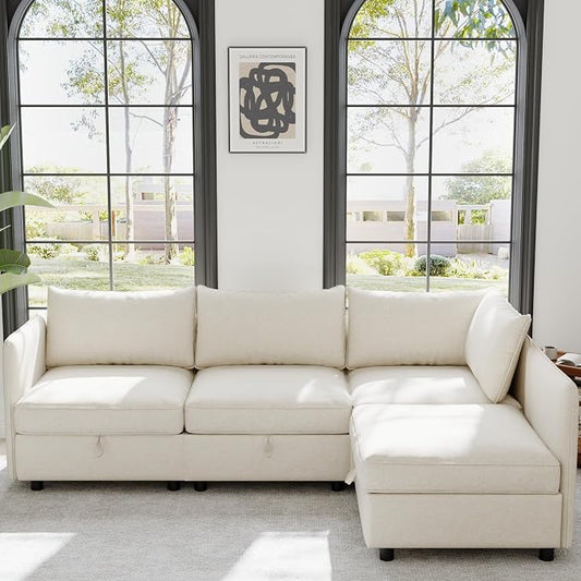98.5-Inch L-Shaped 4 Seat Modular Sofa Deep Seat Storage Sectional Sofa Couch Free Combination with Storage Space, 4 Seat Chenille Upholstered L-Shaped Convertible Corner Couch for Home Apartment