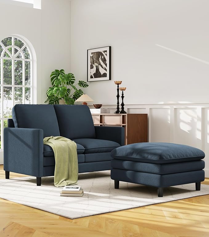 Welzona 3-Layers Cloud L Shaped Couch, 51" Loveseat Sofa Living Room, Bedroom - Tool-Free Assembly with Teddy Fabric Small L Shape Sofa - Blue Grey - Removable Washable Covers - 650lbs Capacity