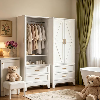 71" H White Armoire Wardrobe Closet with Drawers,Metal Wardrobe Closet with Doors and Shelves,Tall Wardrobe Closet for Bedroom