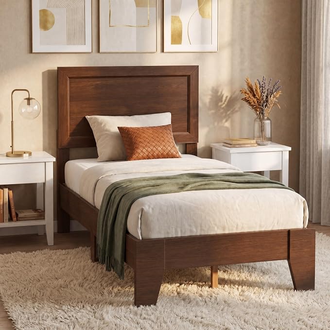 Giantex Twin Size Wooden Bed Frame with Headboard, Wood Slat Support | Modern Platform Bed with Heavy Duty Mattress Foundation, Under-Bed Storage, No Box Spring Needed, Easy Assembly (Walnut)