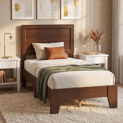Giantex Twin Size Wooden Bed Frame with Headboard, Wood Slat Support | Modern Platform Bed with Heavy Duty Mattress Foundation, Under-Bed Storage, No Box Spring Needed, Easy Assembly (Walnut)