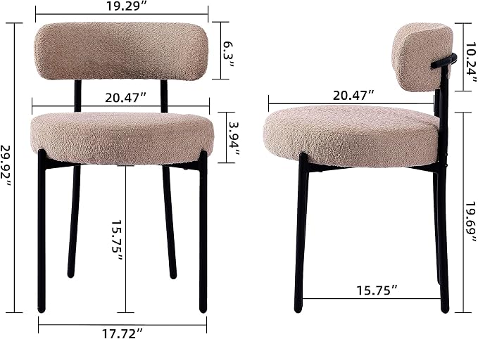 EDWELL Dining Chairs Set of 2, Round Upholstered Dining Room Chairs with Black Metal Legs, Modern Boucle Dining Chair for Dining Room, Kitchen, Living Room, Capacity 330lbs