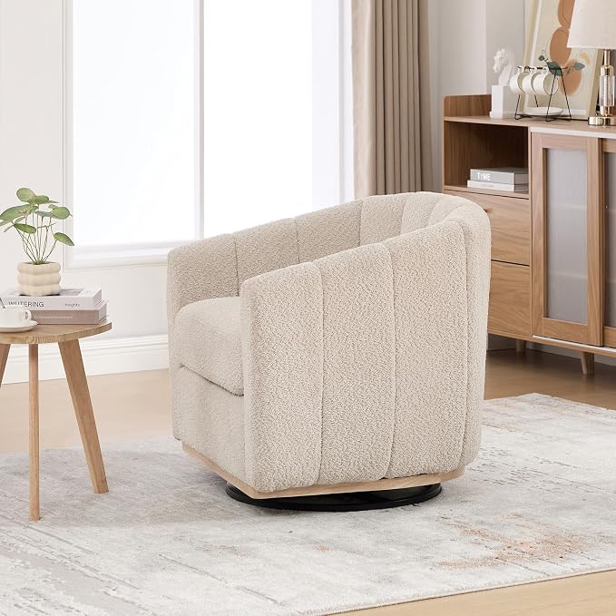 Swivel Barrel Chair Set of 2, 360 Degree Round Swivel Accent Chair for Living Room, Mid Century Modern Upholstered Accent Chair,Comfy Tufted Sofa Armchairs for Bedroom,Nursery,Boucle,Wheat