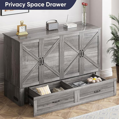 ijuicy Queen Murphy Cabinet Bed, Storage & Charge, No Mattress, Grey | Queen Murphy Bed Built-in multifunctional charging station & storage drawers, space-saving foldaway design for guest room.