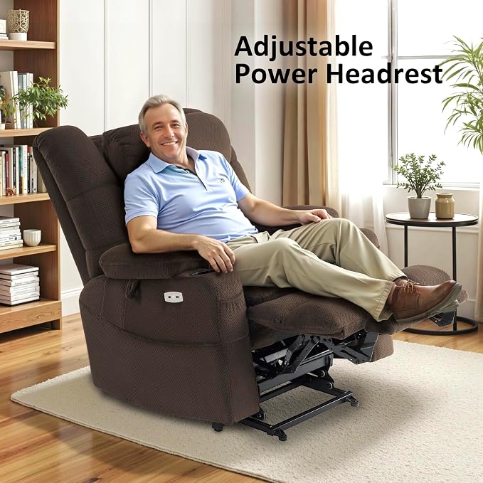 MCombo Big Man Power Lay Flat Lift Chair, Triple Motor Power Lift Recliner with Massage & Dual Heating, Adjustable Headrest, Fabric R7635 (Coffee, Large-Wide)