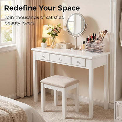 STHOUYN Small White Writing Desk with Drawers, Vanity Table for Bedroom | Small Farmhouse Makeup Vanity Desk No Mirror, Adult/Student Writing Desk with Drawers for Small Spaces, Home Office, Study