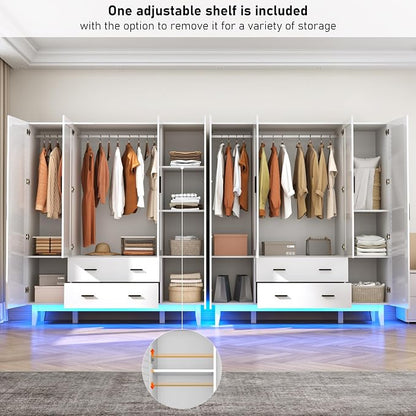 Hlivelood 4 Door Armoire Wardrobe Closet Cabinet with Drawers and LED Lights, Multi-Tier Shelves, Hanging Rod & 4 Louver Doors, Large Capacity Storage Wardrobe Armoire for Bedroom, White