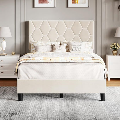 GarveeHome Twin Size Platform Bed Frame with Upholstered Headboard and Wooden Slats Support, Upholstered Mattress Foundation/No Box Spring Needed/Easy Assembly, Beige