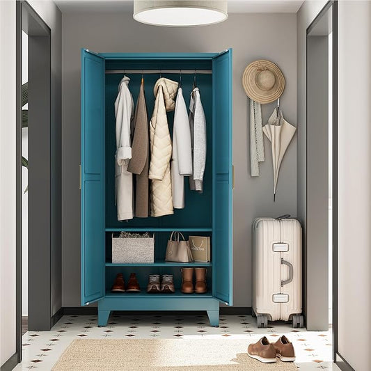 Metal Wardrobe Closet with Doors and Shelves, 71" Farmhouse Bedroom Armoire with Hanger Rod and Clothing Shelf, White Steel Wardrobe Cabinet Storage Clothes Closet