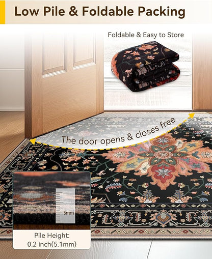 RELEANY Area Rugs Runner 2'x10' Washable Non-Slip, Floral Vintage Distress Medallion Carpet for Kitchen Hallway Bedroom Beside Laundry Room Bathroom, Black Colorful Floral Dark Tan