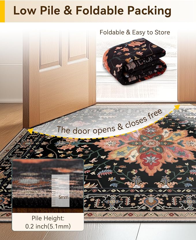 RELEANY Area Rugs 8'x10' Washable Non-Slip, Floral Vintage Distress Medallion Carpet for Living Room Bedroom Dining Room, Black Colorful Floral Dark Tan