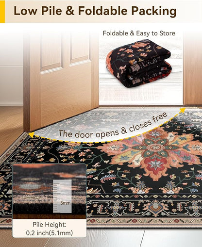 RELEANY Area Rugs Runner 2'x9' Washable Non-Slip, Floral Vintage Distress Medallion Carpet for Kitchen Hallway Bedroom Beside Laundry Room Bathroom, Black Colorful Floral Dark Tan