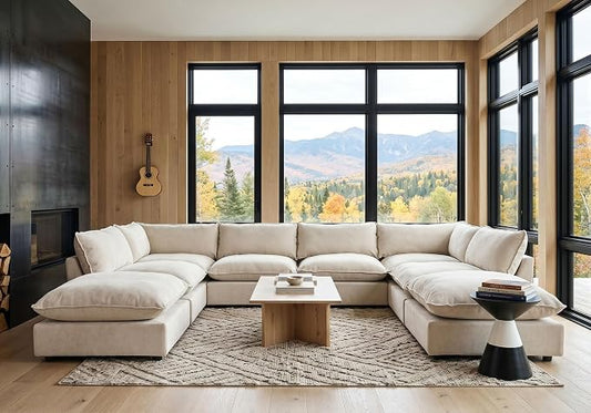 Iroomy Modular Sectional Sofa, Oversized Chenille Cloud Couch, Deep Comfy Seat, 8-Seater Sofas Couches for Living Room, Beige, High Feet