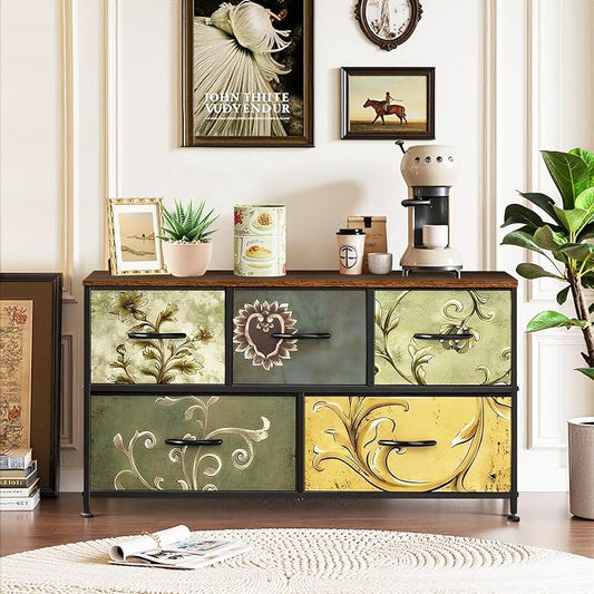 5-Drawer Dresser for Bedroom, Anti-Tip Wide Storage Organizer Fabric Chest of Drawers TV Stand for 45" TV with Wooden Top and Metal Frame for Closet, Living Room, Hallway, Entryway, Floral Painted