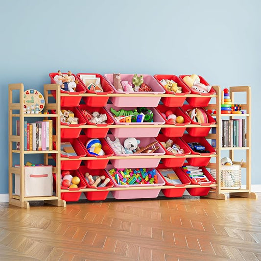 SpaceAid Toy Storage Organizer with 6 Shelves and 20 Bins, Toy Organizers Storage Bookshelf, Kids Bin Shelf Toys Box Bookcase for Bedroom Playroom Organization Room Decor, Red and Pink