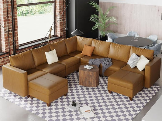 EASE MOOSE Leather Modualr Sectional Couch Sofa with Storage,Faux Leather Sectional Sofa Brown U Shaped Modular Couch