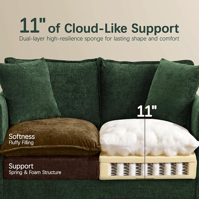 52" Loveseat Sofa, Modern Love Seat Couches, Small Loveseat for Small Spaces, Comfy Chenille Deep Seat Cloud Loveseat for Living Room, Bedroom, Apartment and Office, Green