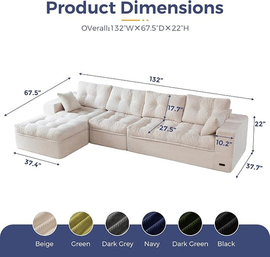 MAXYOYO 132" L Shaped Modular Sectional Sofa with Ottoman, Cloud Boneless Couch with Layered Cushion, Upholstered Sofa in a Box, Flexible Module Combination for Living Room, No Assembly, Beige