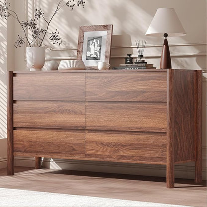 CHUWELL 3-Piece Bedroom Dresser Set-6 Drawer Dresser & 2 Nightstands,47" Wide Walnut Dresser and Night Stands with Solid Wood Cylindrical Legs