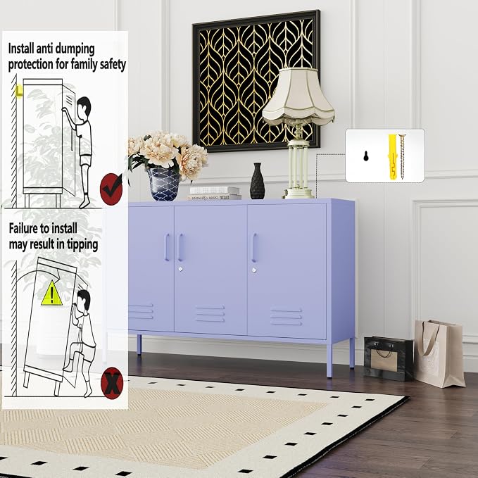 Purple Wide Metal Storage Cabinet, 32" H Heavy Duty Steel Locker with Lock, 2 Adjustable Shelves & Ventilated Doors for Home Office Kitchen Living Room