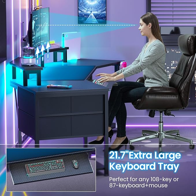 Itaar 79" Gaming Desk with 2 Fabric Drawers, Long Computer Desk with Power Strip & LED Lights, U Shaped Desks with Storage and Cup Holder, Large Gaming Table for Bedroom, Carbon Fiber Black